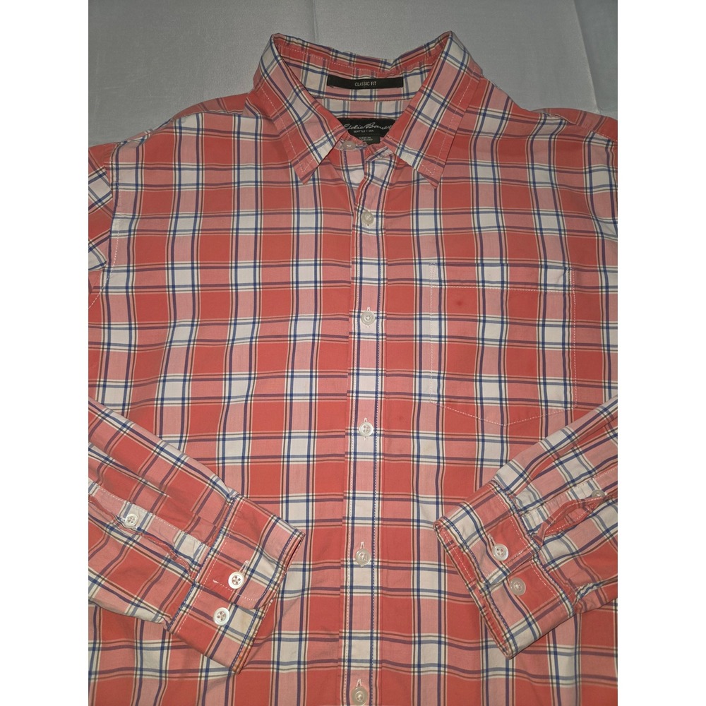 Eddie Bauer Mens Classic Fit Plaid Button Down Shirt Coral Pink Blue Size M